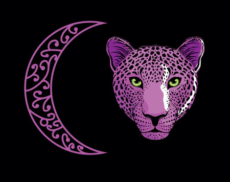 T-shirt illustration of a leopard head and a crescent with violet colors on a black background.のイラスト素材