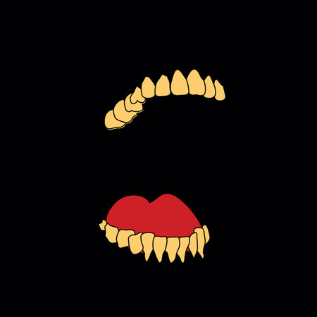T-shirt design of an open mouth with yellowish teeth and a red tongue on a black background. Minimalist vector illustration.のイラスト素材