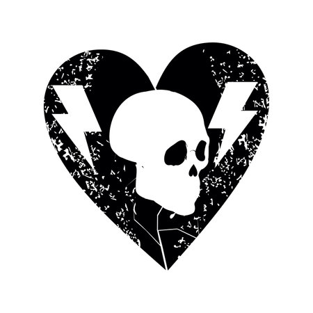 Black heart t-shirt design with symbols of thunder and a skull. Good illustration for satanic themes.のイラスト素材