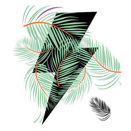 T-shirt design of the lightning symbol in black along with palm leaves on a white background.のイラスト素材