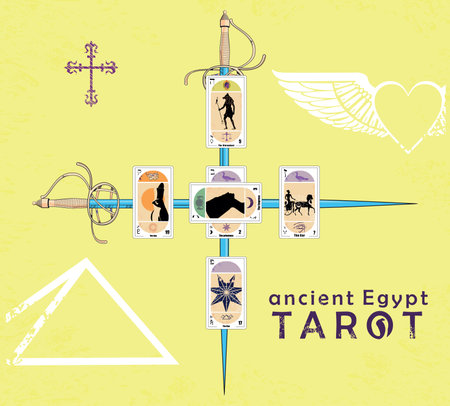 Ancient Egyptian Tarot. Design of several tarot cards next to two crossed ancient swords on a yellowish background.のイラスト素材