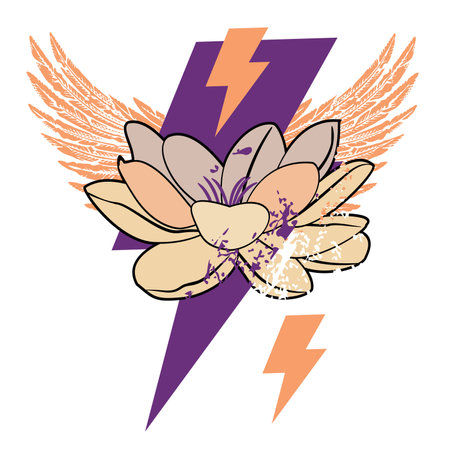 T-shirt design of a lotus flower, thunderbolt symbol and two wings in violet and orange colors on a white background.のイラスト素材