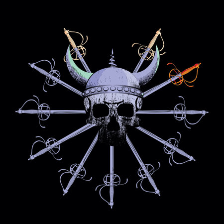 Viking skull and Renaissance swords t-shirt design.のイラスト素材