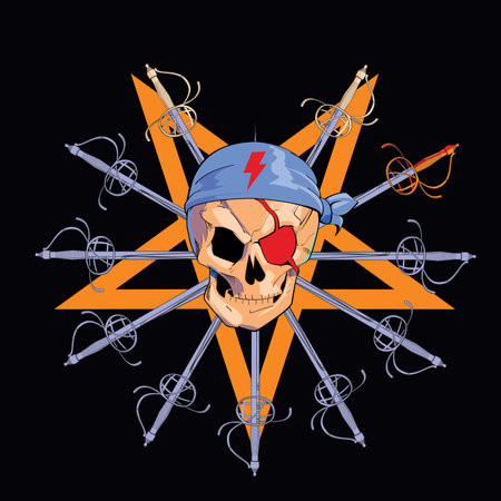 Skull t-shirt design with a demonic star and a set of Renaissance swords on a black backgroundのイラスト素材