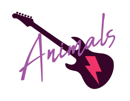 Animals. T-shirt design of the silhouette of an electric guitar and a lightning bolt next to text. Glam rock poster.のイラスト素材