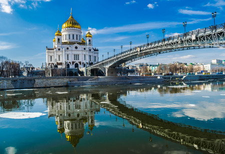 Cristh Savior orthodox cathedral reflected in moscow river, Moscow, Russiaの写真素材