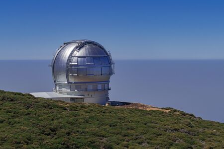 Roque de los Muchachos, La Palma / Spain; September 12 2018: Roque de los Muchachos Observatory telescope, with sunlight, Garaf?a, La Palma, Canary islands, Spainのeditorial素材