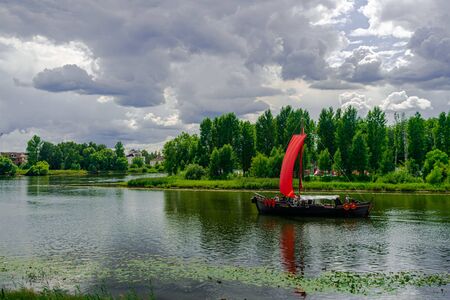 Yaroslavl / Russia; July 14 2019: Medieval wooden tourist ship, sailing on the Kotorosl river, Yaroslavl, Russiaのeditorial素材