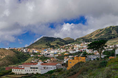 Valverde, El Hierro / Spain; April 9 2019: Valverde capital cityscape, with mountains, blue sky and clouds background, El Hierro, Canary islands, Spainのeditorial素材