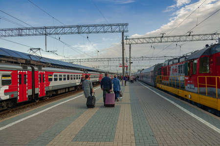 Moscow / Russia; July 14 2019: Yaroslavsky train station with passengers walking with luggage