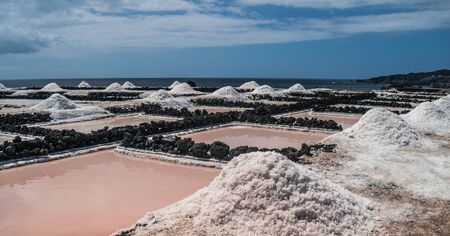 Fuencaliente saltworks, with Atlantic ocean background, La Palma, Canary islands, Spainの写真素材