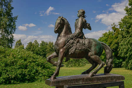 Moscow / Russia; July 05 2019: Elizabeth Petrovna horsewoman sculpture, (Elizabeth of Russia), with green trees backgroundのeditorial素材