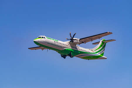 Los Rodeos, Tenerife / Canary islands; July 24 2020: Binter ATR-72-600, flying with blue sky...