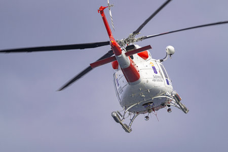 Tenerife, Spain; September 29 2023: rescue helicopter of the Canarian Government, Bell 412 EP, flying, rear view, Canary islandsのeditorial素材