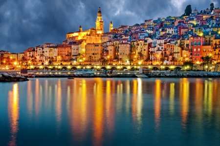 Provence village Menton after sunsetの写真素材