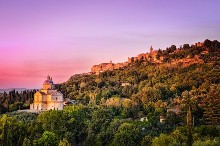 San Biagio cathedral at sunset - horizontal, Montepulciano, Italyの写真素材