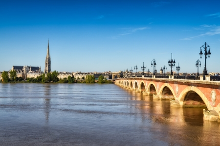 Bordeaux river bridge with St Michel cathedral, Bordeaux, Franceの写真素材