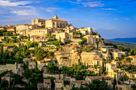 Gordes medieval village sunset view, France, Europeの写真素材