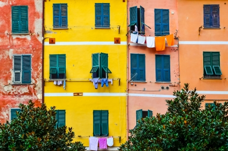 Detail of colorful house walls, windows and drying clothes, Cinque Terre, Italyの写真素材
