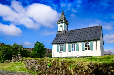 Small old church Pingvallkirkja on sunny day in Thingvellir, Icelandの写真素材
