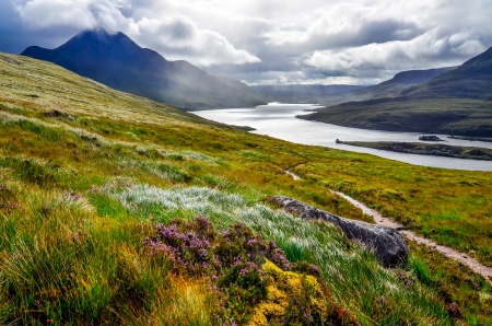 Scenic view of the lake and mountains, Inverpolly, Scotland, United Kingdom Scenic view of the lake and mountains, Inverpolly, Scotland, United Kingdom