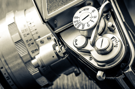 Detail of old classic camera mechanical dials in vintage monochrome styleの写真素材