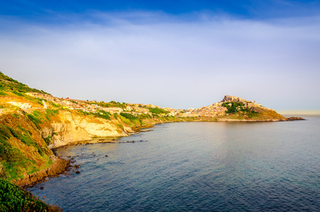 Scenic view of Castelsardo town and ocean coast landscape, Sardinia, Italyの写真素材