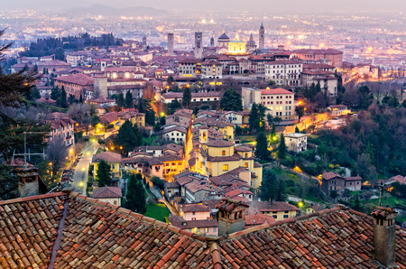 Scenic view of Bergamo old town cityscape at sunset Italy Europeの写真素材