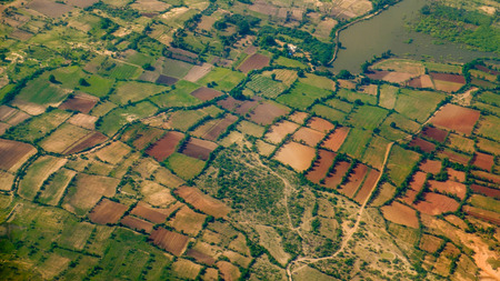 Aerial landscape view of fields and meadows, Myanmar