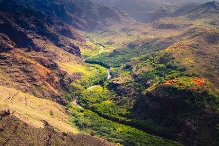 Landscape detail of Waime canyon and river at sunrise, Kauai, Hawaii, USAの写真素材