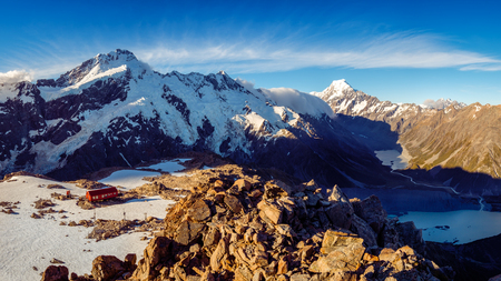 Panoramic view of Mt Cook mountain range with Mueller hut, Southern Alps, New Zealandの写真素材