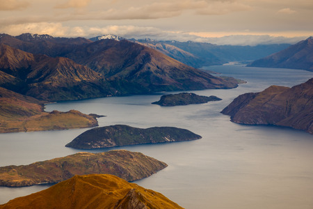 Beautiful sunrise landscape view of Lake Wanaka, South island of New Zealandの写真素材