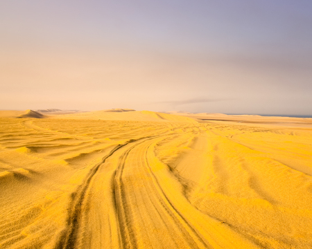Detail of tyre tracks in an empty sand desertの写真素材