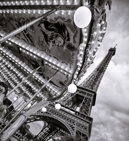 Eiffel tower in monochrome vintage view and merry-go-round, Paris, Franceのeditorial素材
