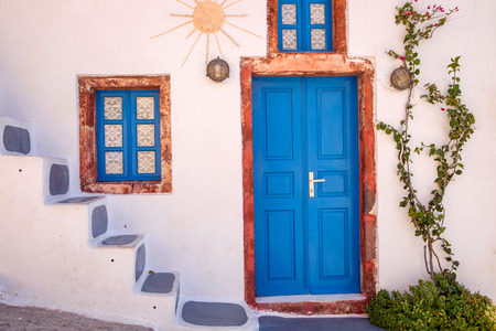 Detail view of traditional colorful greek doors and windows, Santorini, Greeceの写真素材