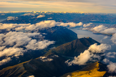 Aerial landscape view of mountain range and Lake Wakatipu, New Zealandの写真素材