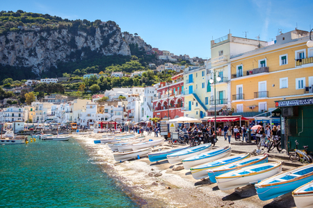 CAPRI, ITALY - 30 April 2017: View of Capri port with colorful houses and row boats, Capri, Italyのeditorial素材