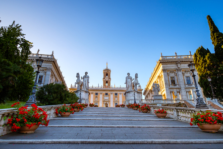 Staircase to Piazza del Campidoglio on the top of Capitoline Hill with the facade of Palazzo Senatorio, Rome, Italyの写真素材