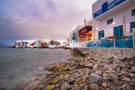 Sunrise citiscape at Little Venice on Mykonos island, Cyclades, Greeceの写真素材