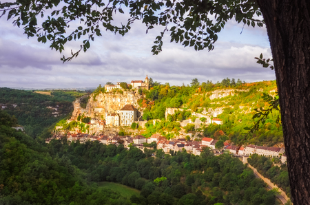 Scenic view of historical Rocamadour town at sunrise, France, Europeの写真素材