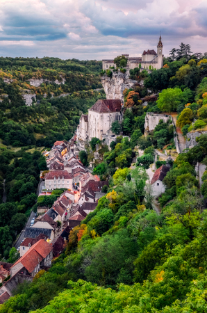 Scenic view of beautiful historical Rocamadour town after sunset, France, Europeの写真素材