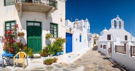 Panoramic view of colorful mediterranean street, Amorgos island, Greece, Europeの写真素材