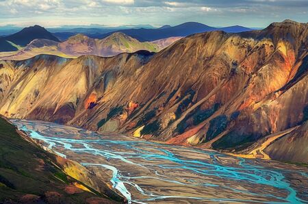 Landscape view of Landmannalaugar colorful volcanic mountains and river, Iceland, Europeの写真素材