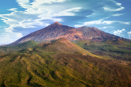 Landscape view of Mount Teide volcanic peak with dramatic sky, Tenerifeの写真素材