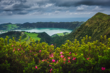 Scenic view of Sete cidades, hills and lake, with flowers foreground, Sao Miguel, Azoresの写真素材