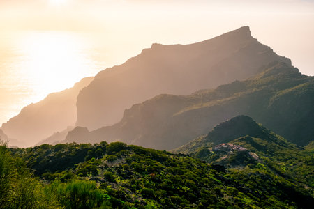 Sunset landscape view of ocean coastline hills, near Masca, Tenerifeの写真素材