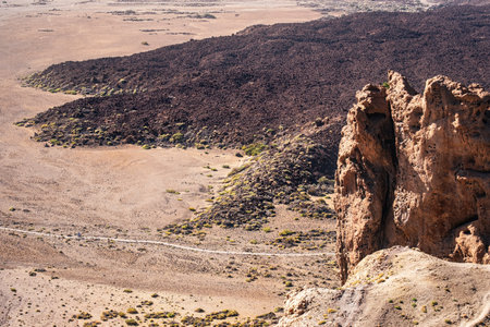 Rocky volcanic landscape with lava fields an trekking path, Tenerifeの写真素材