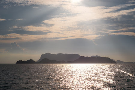 Landscape view of distant islands with backlight and sunrays, Ang Thong, Thailand
