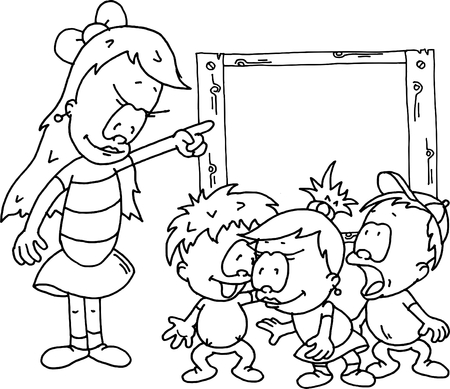 Teacher educates children - monochromatic drawingのイラスト素材