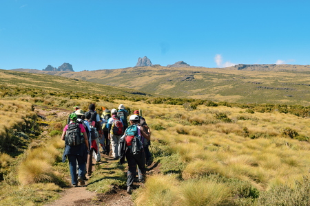 A group of hikers in the high altitude moorland of  Mount Kenyaの写真素材